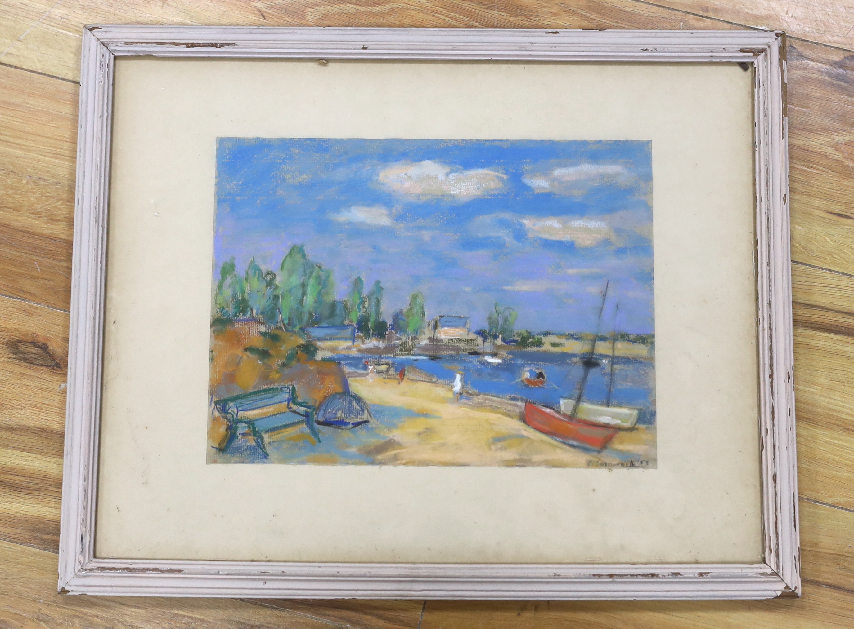 Peggy Somerville (1918-1975) Beach scene with boats, signed and dated '58, 23 x 30cm